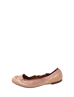 Tory Burch beige patent leather ballet flats with gold logo hardware and elastic trim