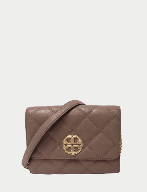 Tory Burch tan quilted leather crossbody bag with gold double-T logo and adjustable strap