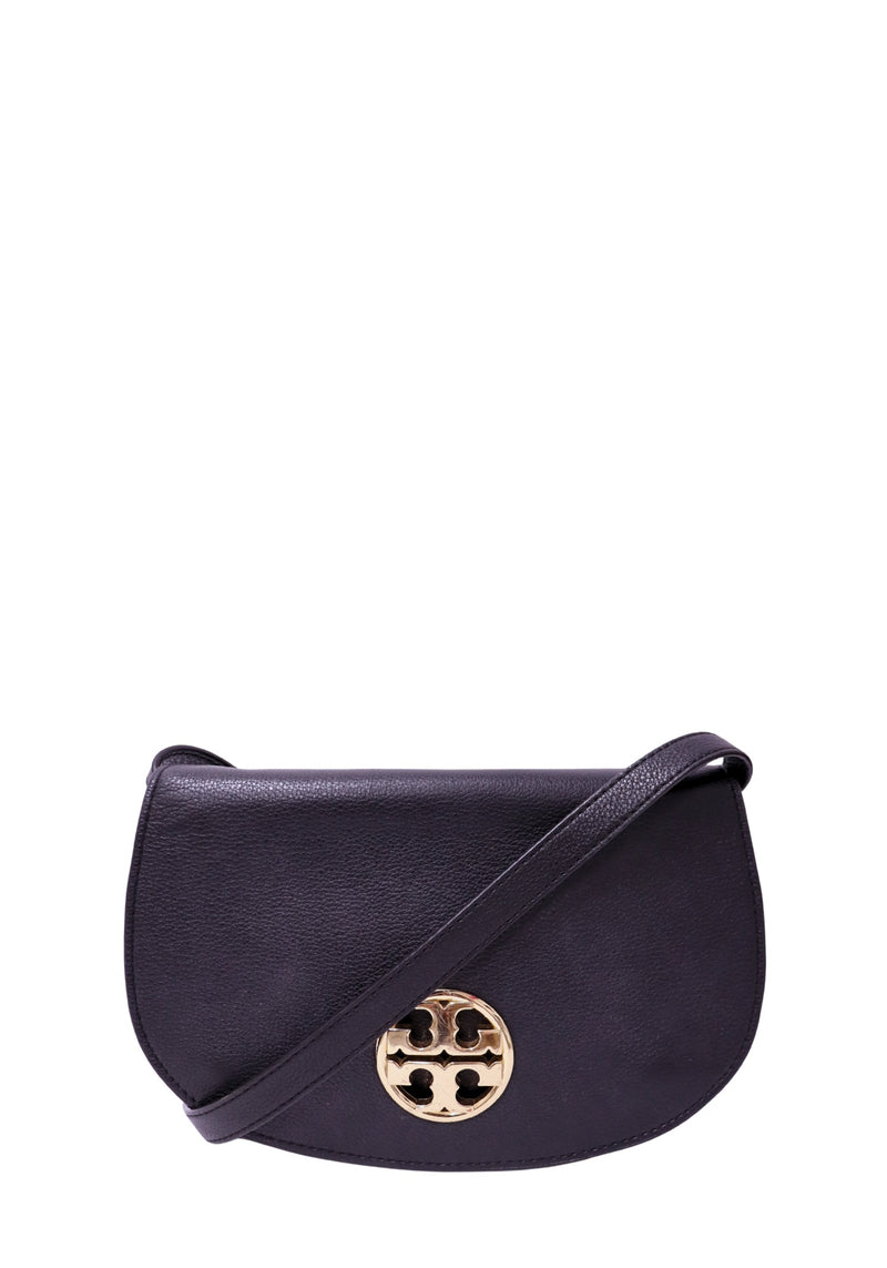 Tory Burch black pebbled leather Miller crossbody bag with gold-tone Double T logo and adjustable shoulder strap