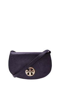 Tory Burch black pebbled leather Miller crossbody bag with gold-tone Double T logo and adjustable shoulder strap