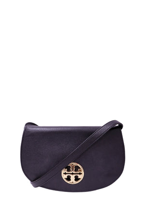 Tory Burch black pebbled leather Miller crossbody bag with gold-tone Double T logo and adjustable shoulder strap