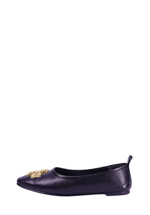Tory Burch black leather pointed toe ballet flats with gold logo detail
