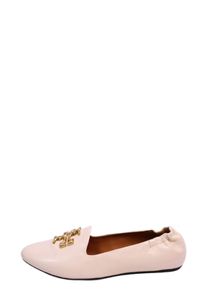 Tory Burch cream leather ballet flats with gold-tone Double T logo hardware and almond-toe design