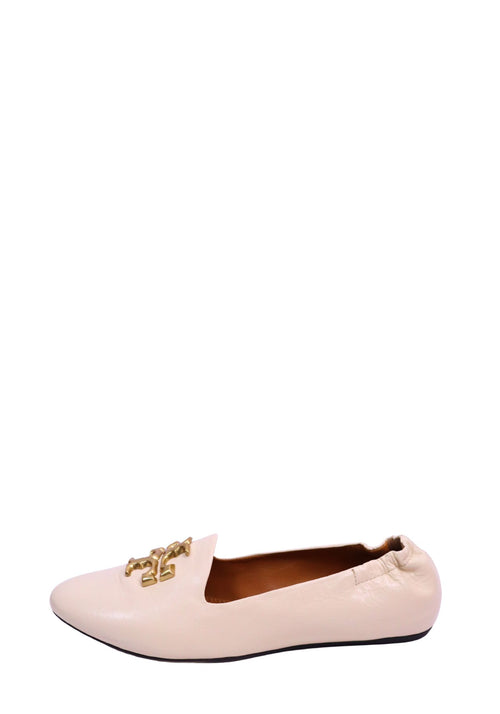Tory Burch cream leather ballet flats with gold-tone Double T logo hardware and almond-toe design