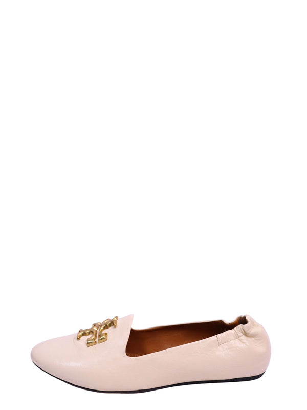Tory Burch cream leather ballet flats with gold-tone Double T logo hardware and almond-toe design