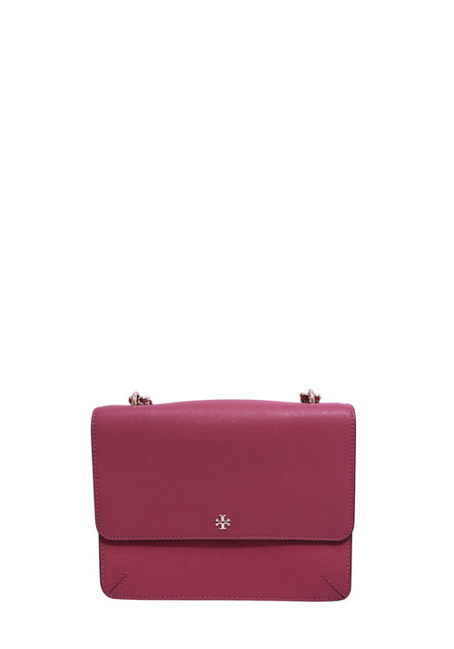 Tory Burch Emerson muted pink Saffiano leather shoulder bag with silver-tone chain strap and signature logo.