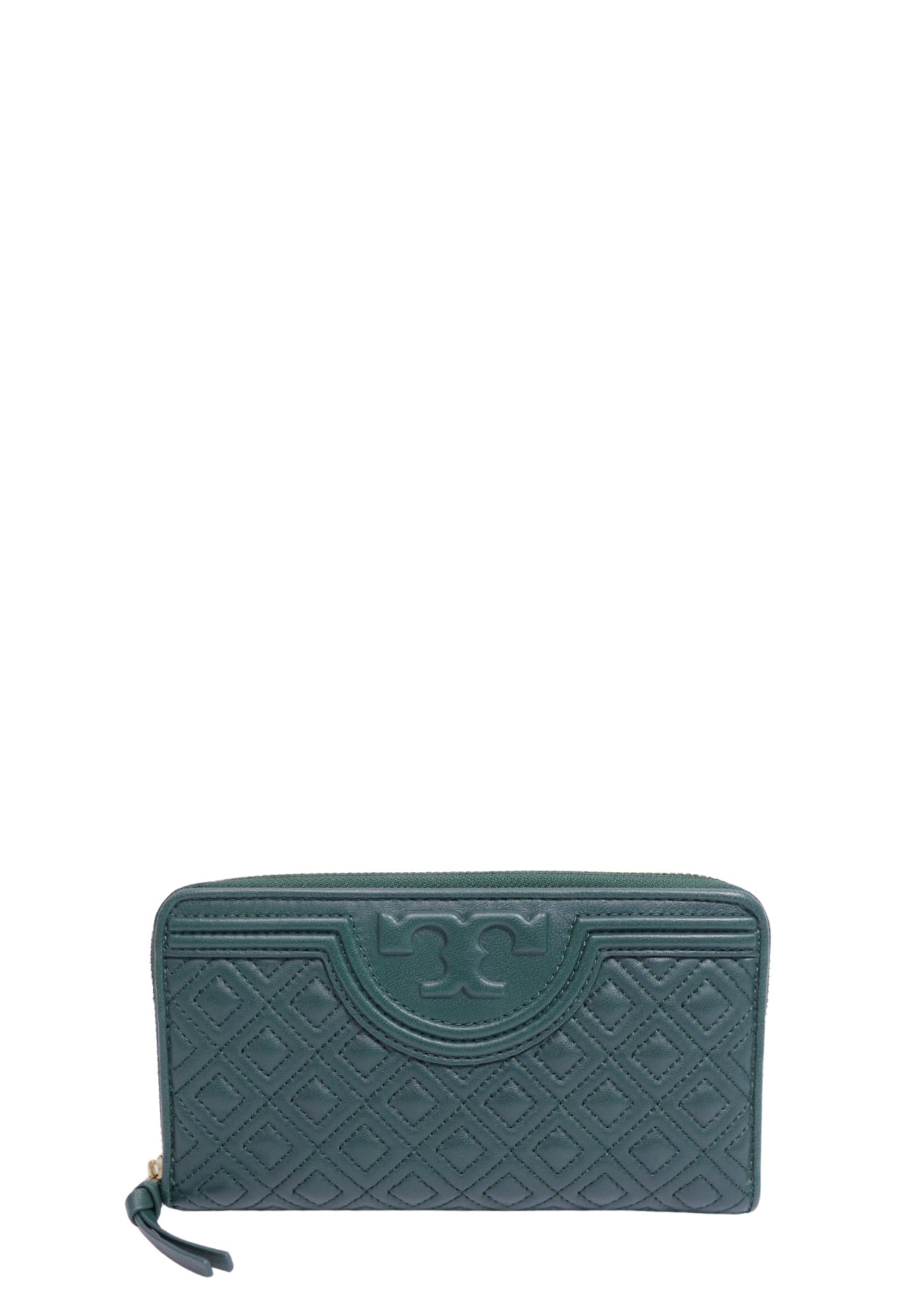 Tory Burch Fleming Forest Green Quilted Leather Zip Around Wallet