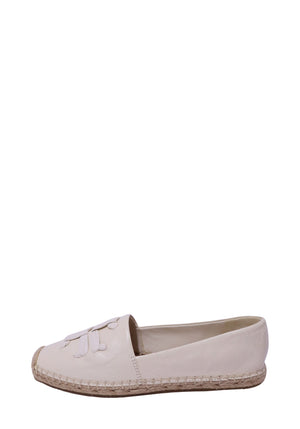 Authentic Tory Burch cream leather espadrille flats featuring the signature Double T logo, slip-on silhouette, and classic hand-stitched jute sole