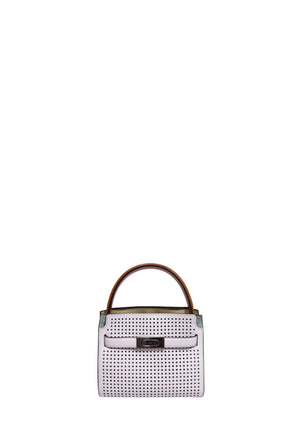 Tory Burch Lee Radziwill petite white perforated leather satchel with structured top handle and signature silver-tone belt lock closure.
