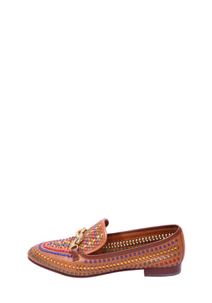 Tory Burch camel leather loafers featuring intricate multicolor woven detailing, signature gold-tone hardware, a classic slip-on silhouette, and a low stacked heel