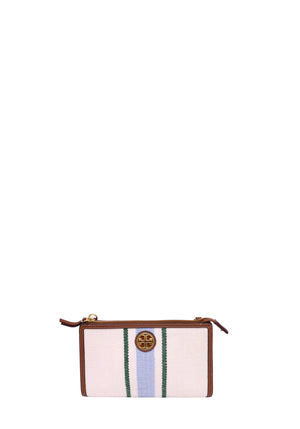 Tory Burch Ella natural canvas crossbody bag featuring blue and green striped detailing, brown leather trim, gold-tone logo medallion, zip-top closure, and an adjustable crossbody strap.