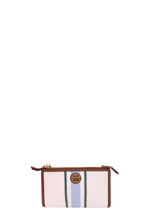 Tory Burch Ella natural canvas crossbody bag featuring blue and green striped detailing, brown leather trim, gold-tone logo medallion, zip-top closure, and an adjustable crossbody strap.