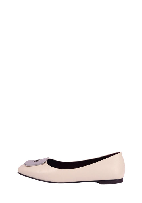 Tory Burch cream leather ballet flats with logo detail and rounded toe