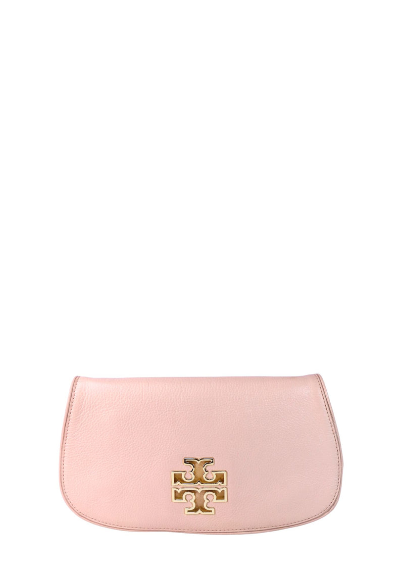 Tory Burch blush pink leather Reva shoulder bag with gold-tone logo hardware and curved silhouette.