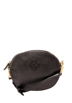 Tory Burch black pebbled leather mini crossbody bag with tonal Double T logo, zip closure and gold-tone hardware