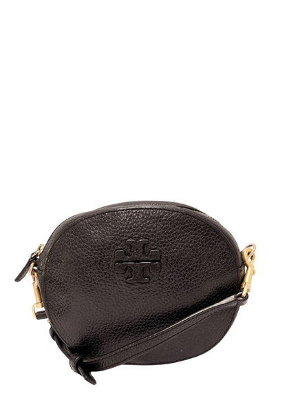 Tory Burch black pebbled leather mini crossbody bag with tonal Double T logo, zip closure and gold-tone hardware