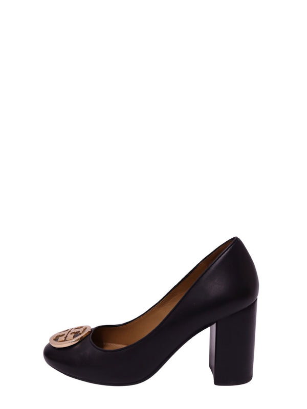 Tory Burch black leather block heel pumps with gold Double T logo