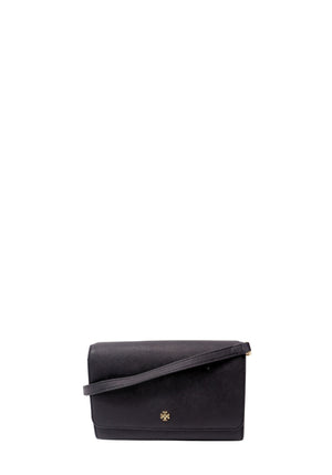Tory Burch black saffiano leather small handbag with gold-tone Double T logo and removable shoulder strap
