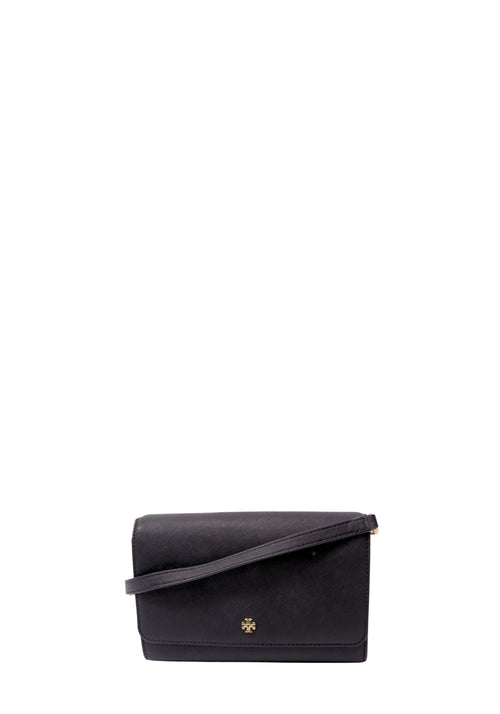 Tory Burch black saffiano leather small handbag with gold-tone Double T logo and removable shoulder strap