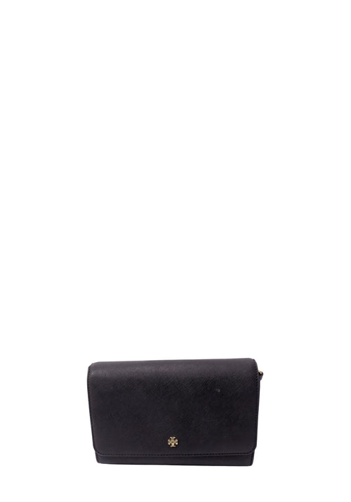 Tory Burch black saffiano leather small handbag with gold-tone Double T logo and removable shoulder strap