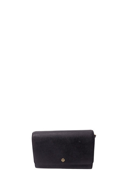Tory Burch black saffiano leather small handbag with gold-tone Double T logo and removable shoulder strap