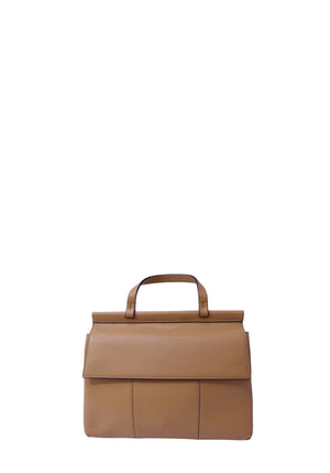 Tory Burch tan leather satchel bag with double top handles and structured silhouette