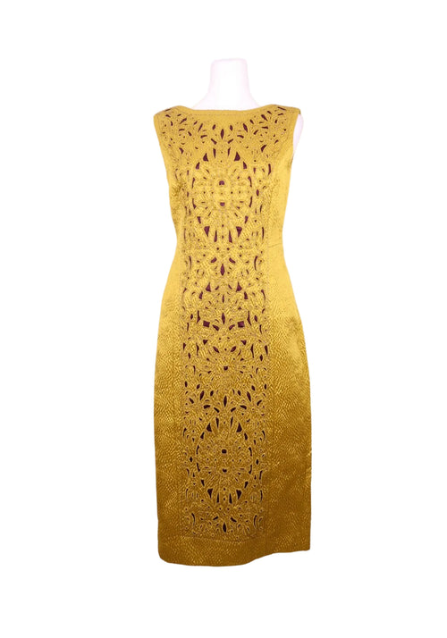 Tory Burch yellow sleeveless midi dress with intricate cut-out lace panel and textured knit fabric