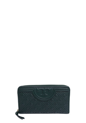 Tory Burch Fleming forest green quilted leather zip-around wallet with embossed Double T logo and gold-tone zipper.