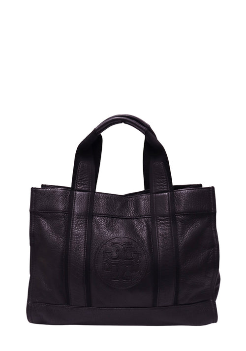 Tory Burch black pebbled leather tote bag featuring large tonal embossed Double T logo patch, double fabric and leather handles, and structured rectangular silhouette
