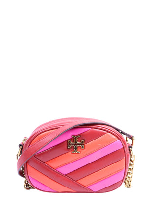 Tory Burch Kira pink colorblock leather camera bag with chevron quilting, gold-tone Double T logo, and crossbody strap