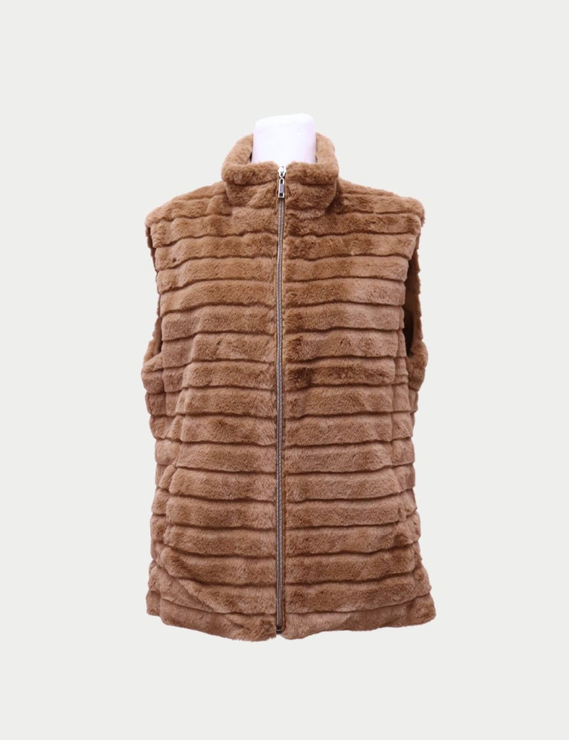 Tuzzi tan faux fur vest with ribbed texture and zip-up front