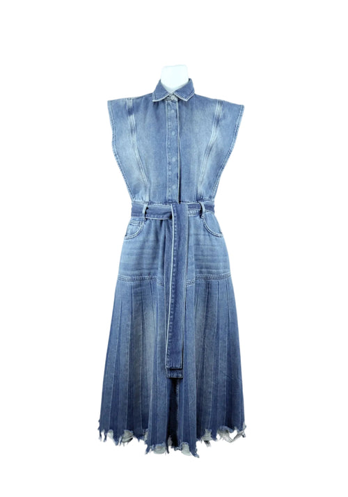 Twinset blue denim sleeveless midi dress with belt, pleated skirt, and raw hem
