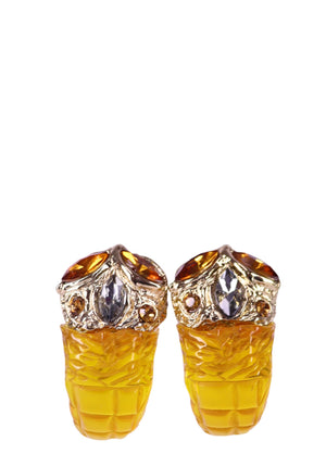 Uterque statement earrings featuring gold-tone textured bug design with amber and clear crystal embellishments