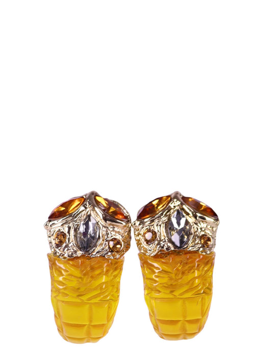 Uterque statement earrings featuring gold-tone textured bug design with amber and clear crystal embellishments