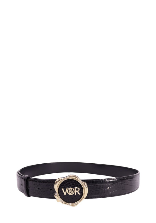 Viktor & Rolf black textured leather belt with round logo buckle