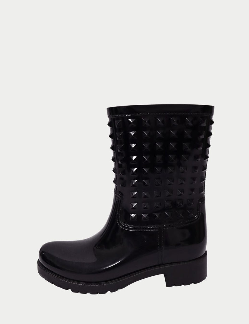 Valentino black mid-calf rain boot with glossy finish and embossed Rockstud detailing