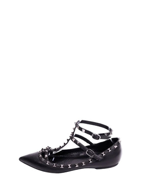 Valentino black leather Rockstud pointed-toe flats with ankle straps