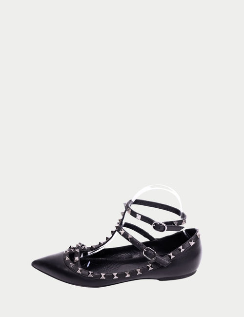Valentino black leather Rockstud pointed-toe flats with ankle straps