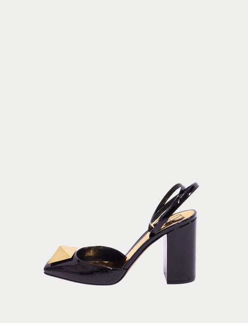 Valentino Black Patent Slingback Heels – Block heel with gold pyramid detail on pointed toe
