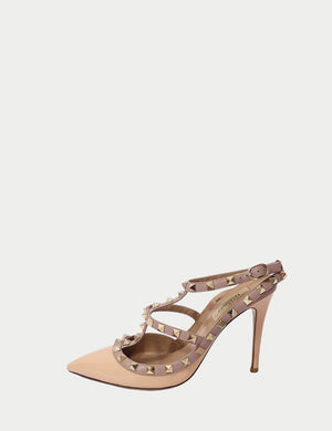 Valentino Rockstud nude patent leather heels with pointed toe, strappy cage design, and gold-tone pyramid studs