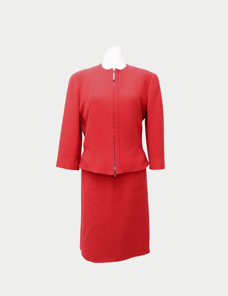 Valentino red tailored skirt suit set with structured jacket and matching knee-length skirt