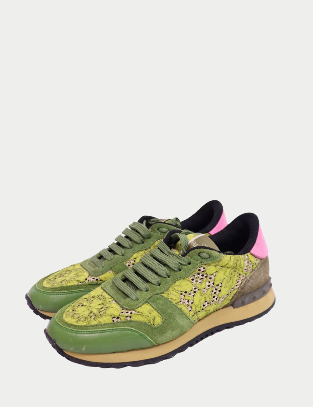 Valentino Garavani Multi-Print Rockrunner Sneakers
Bold and unmistakably luxe, these Valentino Garavani Rockrunner sneakers blend multiple textures and prints in a statement-making silhouette. Featuring a mix of green suede, floral lace mesh, olive canvas Valentino Garavani Multi-Print Rockrunner Sneakers
Bold and unmistakably luxe, these Valentino Garavani Rockrunner sneakers blend multiple textures and prints in a statement-making silhouette. Featuring a mix of green suede, floral lace mesh, olive canvas