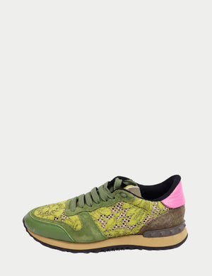 Valentino Garavani Rockrunner sneakers in green multi-print with pink heel – pre-owned designer shoes


