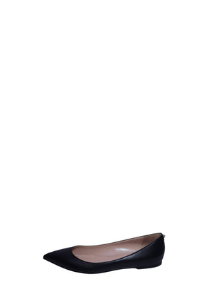 Valentino Garavani black leather pointed-toe ballet flats with a sleek minimalist design.