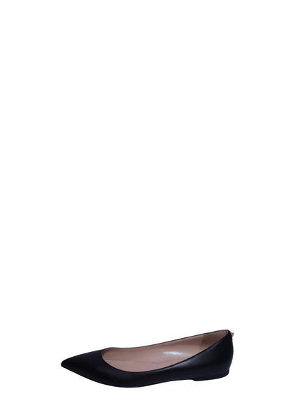Valentino Garavani black leather pointed-toe ballet flats with a sleek minimalist design.