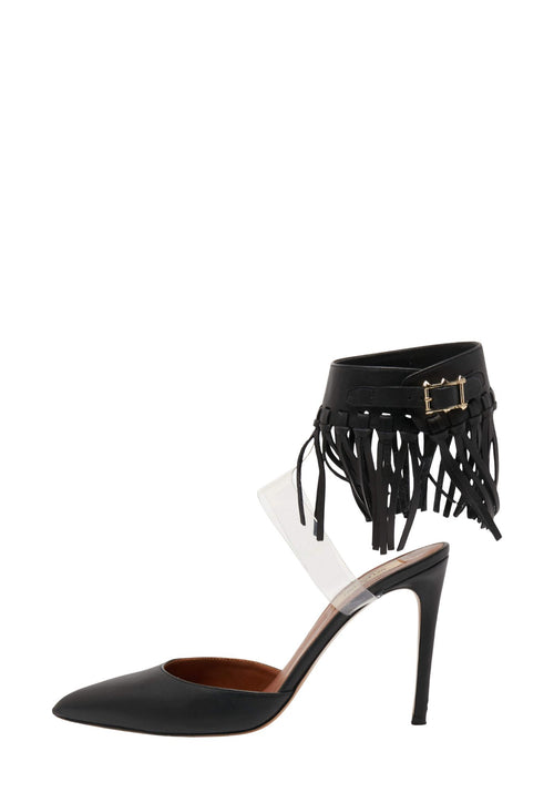 Valentino black leather pointed toe pumps with fringe ankle straps and stiletto heels.