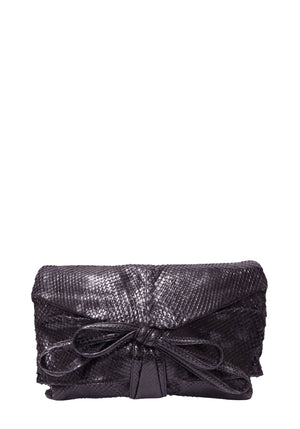 Valentino black snakeskin fold-over clutch with oversized bow detail