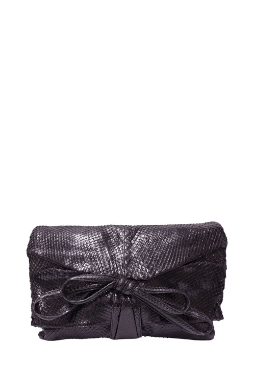 Valentino black snakeskin fold-over clutch with oversized bow detail