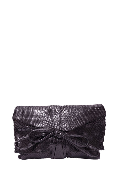Valentino black snakeskin fold-over clutch with oversized bow detail