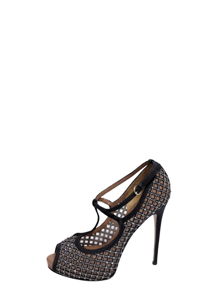 Valentino Garavani black mesh peep toe T-strap heels with crystal embellishments and adjustable ankle straps.